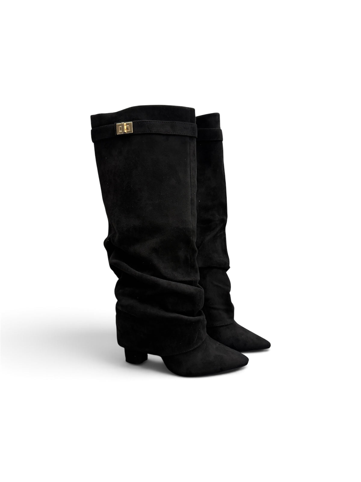 Botas Altas de Ante con Hebilla Dorada Efecto Arrugado