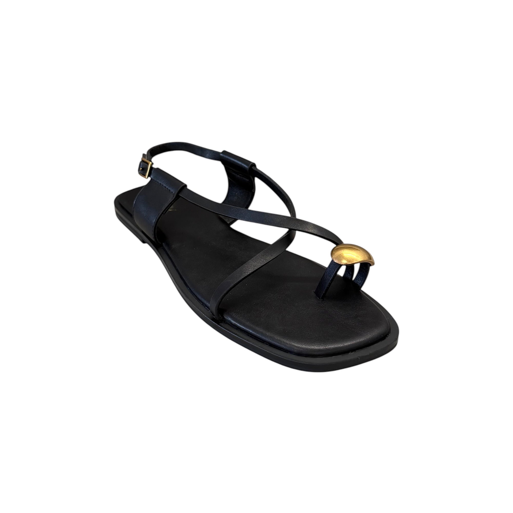 JESSICA black leather flat sandals with a gold ring detail on the toe strap and adjustable ankle buckle.